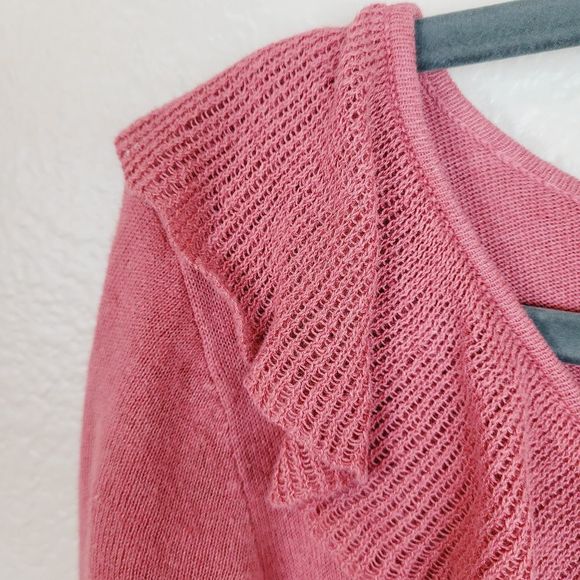 American Living | Size Medium Coral Linen Cotton Blend Ruffle Hem V Neck Blouse - Picture 4 of 6